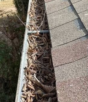Blocked eavestrough full of dead leaves and twigs before cleaning