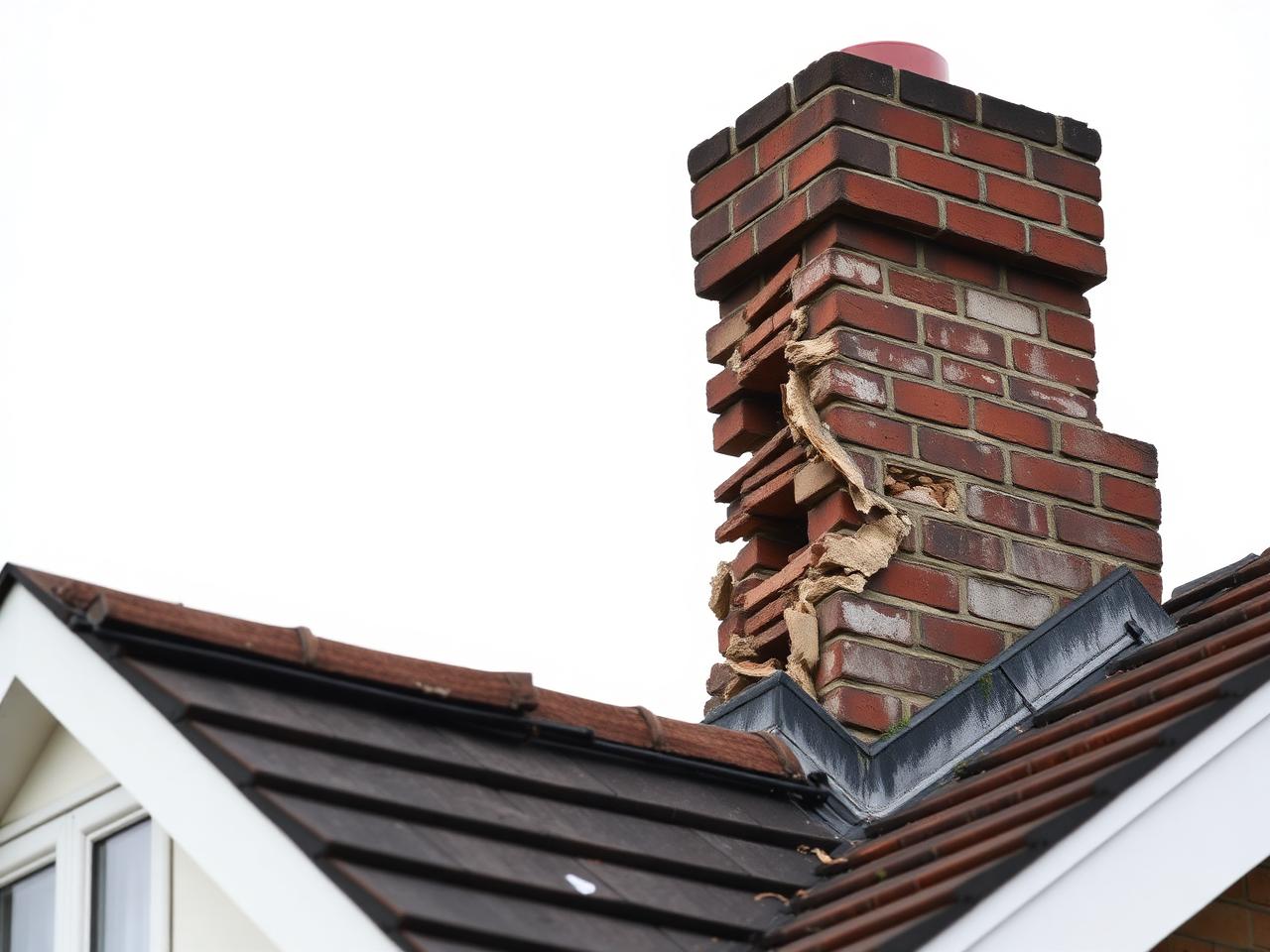 Deteriorated brick chimney with crumbling mortar joints
