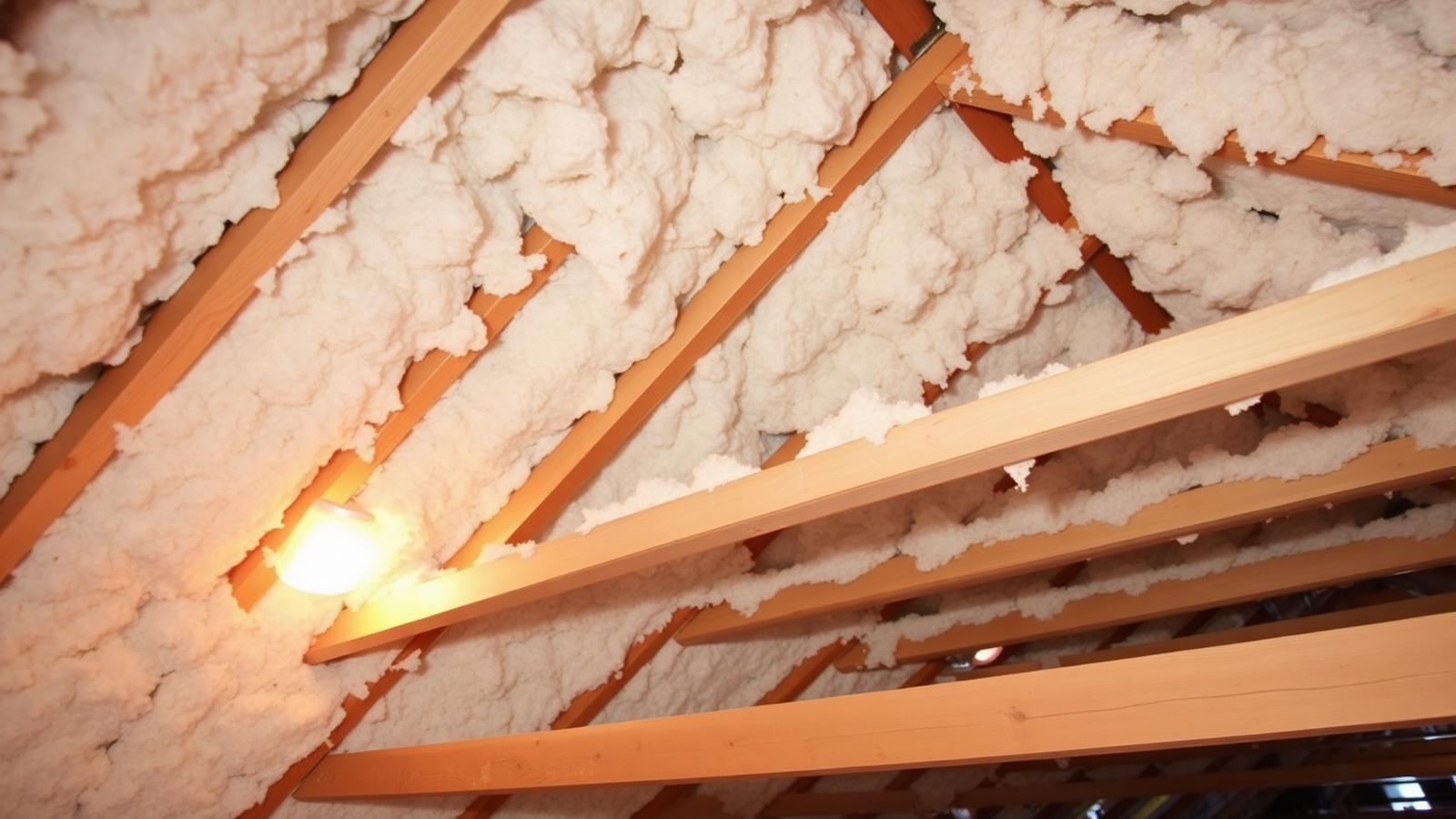 Residential attic insulated with thick blown-in insulation