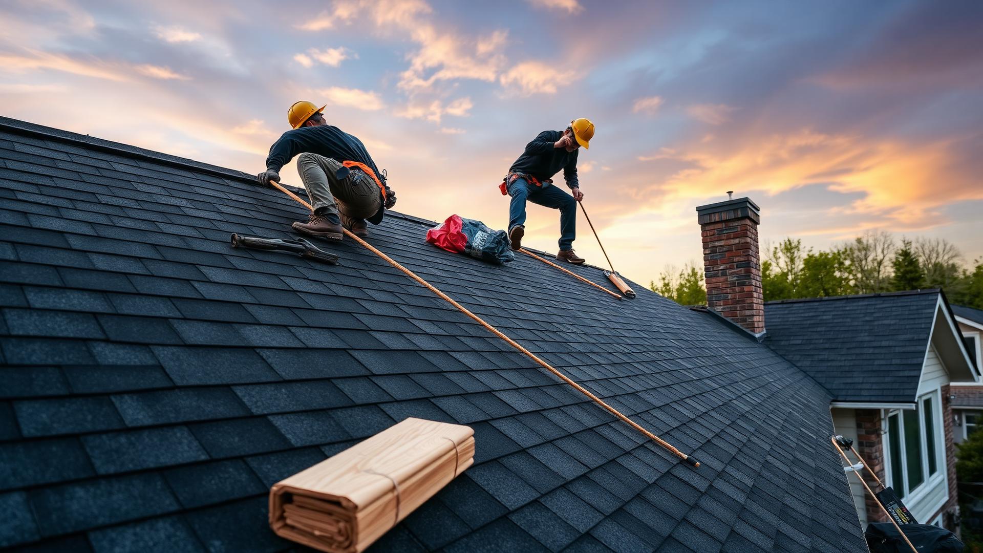 Roofers installing new asphalt shingles on a suburban Oakville home