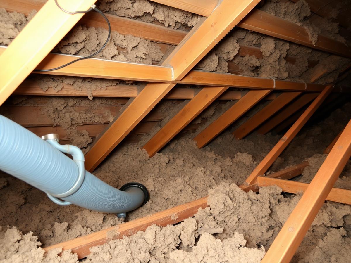 Old compacted attic insulation being vacuumed out through a hose