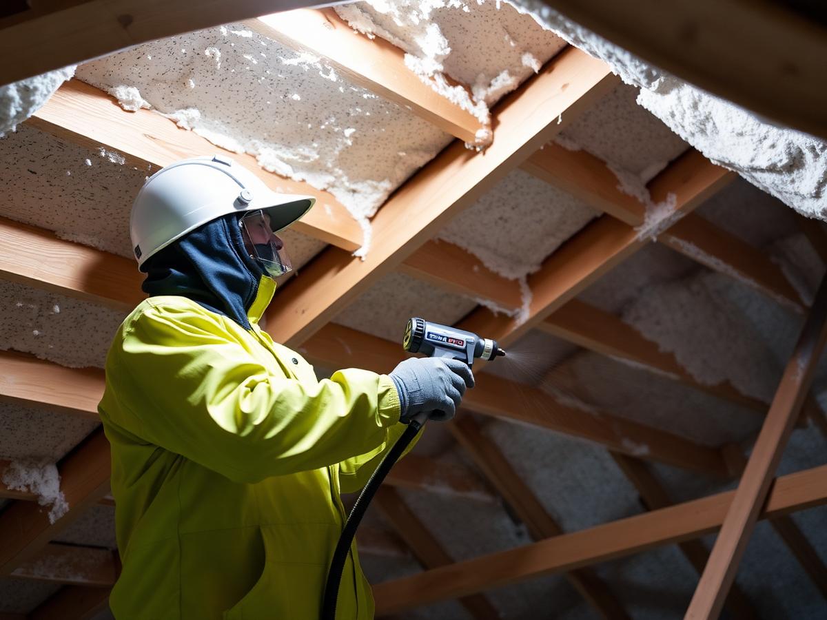 Technician spraying foam insulation onto attic rafters