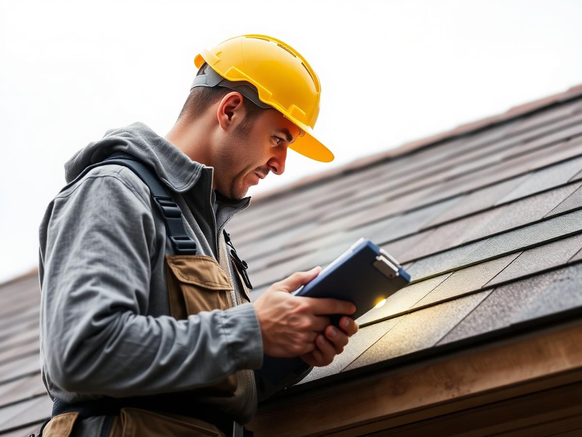 Contractor inspecting shingles and taking notes on a roof